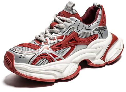 Scarpe da ginnastica da uomo con lacci Chunky Dad con plateau rialzato, leggere, casual, traspiranti, traspiranti, antiscivolo, stile retrò, suola spessa 4 cm, per il tempo libero, Colore: rosso, 42
