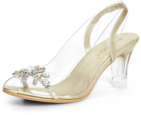 Allegra K Women's Flower Rhinestone Clear Slingback Peep Toe Heels Sandal Gold 5 UK/Label Size 7 US