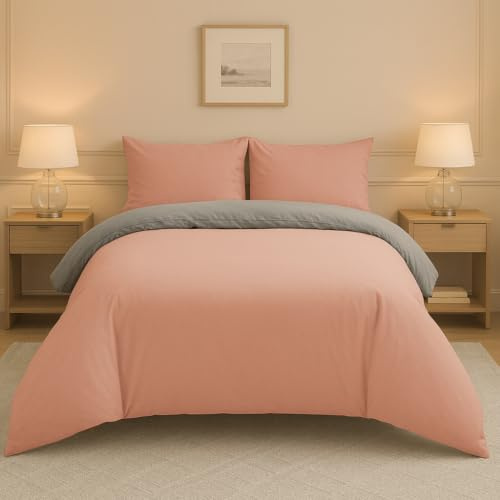 Lions Double Bedding Duvet Set, 3 Piece Ultra Soft Reversible Quilt Cover with Pillowcase, Microfiber Premium Quality, Plain Dye Bed Linen Sets, 200x200cm, Blush Pink Grey