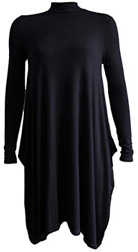 STAR FASHION Womens Ladies Polo Neck Hanky Hem Swing Dress Long Sleeve Flared Skater Turtle Roll Neck Oversize Lagenlook Baggy Loose Top Dresses | UK-8-26 Black