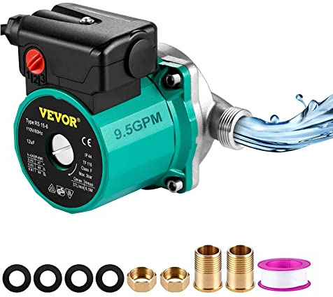 VEVOR Hot Water Recirculating Pump, 93W, 110V Water Circulator Pump, Circulation Pump, 3/4″ G Thread to 1/2″ NPT Brass Adapter, Stainless Steel Head, 3 Speed Control for Electric Water Heater System
