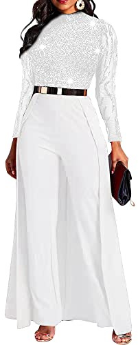 IWFEV Fashion Plain Full Length Patchwork Overlay Sequins Women's Jumpsuit High-Waist Woman Romper XXL White