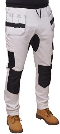 HASHOOB Mens Fleece Work Trousers Painters Decorators White Cargo Combat Pants WF-01 (White-FL2, XL)