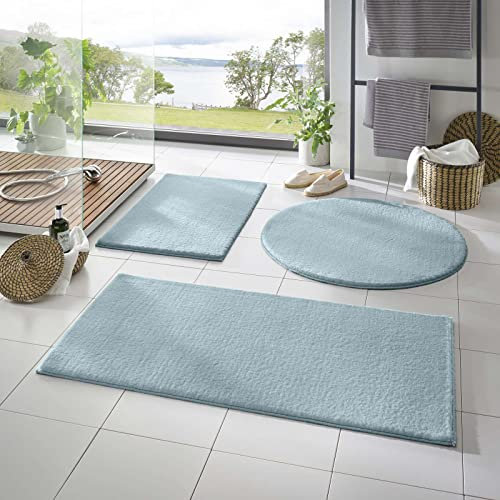 Taracarpet Badematte Fiona rutschfest waschbar Badezimmerteppich sehr weich und als Set kombinierbar Uni hellblau 050x080 cm
