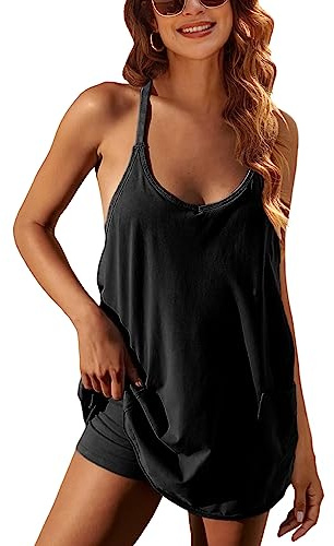Lentta Womens Athletic Sleeveless Mini Dress with Built-in Shorts V Neck Spaghetti Strap Sundress(Black-L)