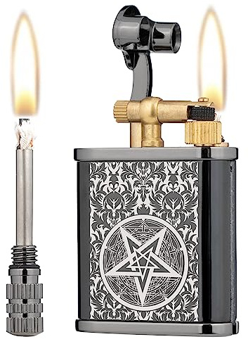 2 in 1 Lighter Permanent Match Antique Style Lift Arm Kerosene Lighter with Permanent Match (Black Ice Pentacle)