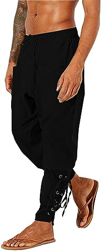 LVCBL Pantalones medievales para hombre, de lino, retro, piratas, con cordones, para el tiempo libre, Negro , M
