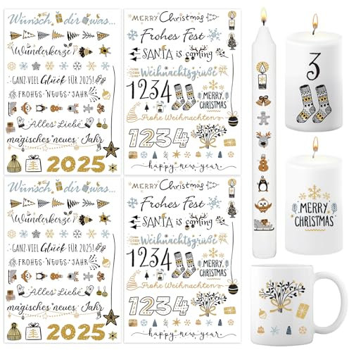 BETESSIN 4x Kerzen Tattoos Folie Weihnachten Kerzentattoo Frohes Neues Jahr 2025 Rub On Sticker Neujahr Weihnachten Advent Zahlen Verzieren Kerzensprüche Kerzensticker für Stabkerzen Tasse Geschenk