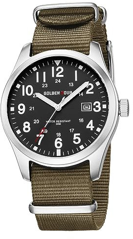 GOLDEN HOUR Uhren Herren aus Nylon mit durchgehendem Armband und Militärzeit, leicht ablesbares Zifferblatt, leuchtende Zeiger, 12/24-Stunden-Anzeige, Datumsanzeige wasserdichte Sport-Digitaluhren