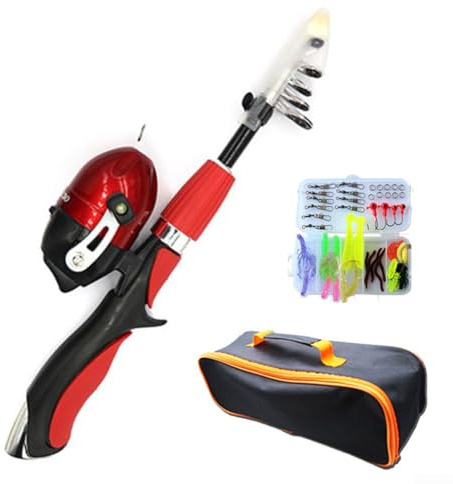 DAZZLEEX Set di canna da pesca per bambini, canna da pesca e mulinello, portatile, telescopica, regalo per bambini (rosso)
