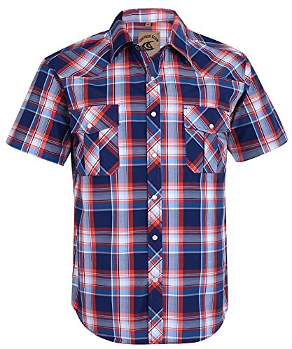 COEVALS CLUB Mens Shirts Short Sleeve Casual Push Button Plaid Suit Regular Fit Western Cowboy Pearl Snap Two Pockets Work Derss Button Up Shirts