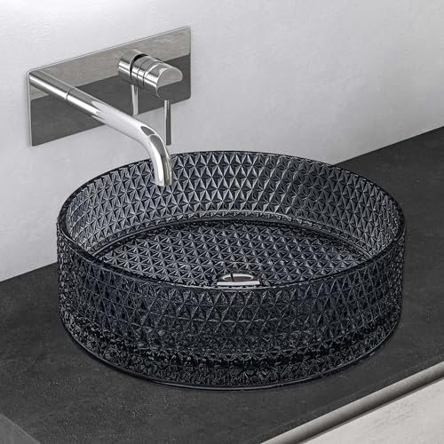 Mai & Mai Lavabo da Appoggio 39x39x12cm, Lavandino Bagno in Vetro Temperato Rotondo Minerva07, Grigio