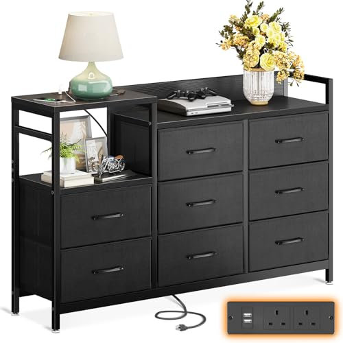 ODK Black Chest of Drawers Bedroom, Contains 2 USB & 2 AC Ports Sockets, Storage Dresser with 8 Fabric Drawers Suitable for Bedrooms, Living Rooms