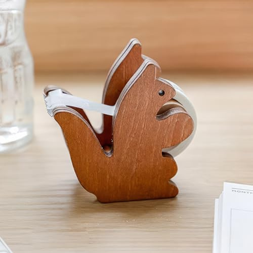 ROLUXENTIA Clear Tape Dispenser - Wooden Squirrel Cute Design for Office & School Desktop - 1/2 x 250 in Tape Included
