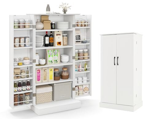 KOMFOTTEU Vorratsschrank mit Doppeltür, Aufbewahrungsschrank mit verstellbaren Einlegeböden, Mehrzweckschrank Süßigkeitenschrank, Küchenanrichte für Esszimmer, 60x40x120 cm (Weiß)