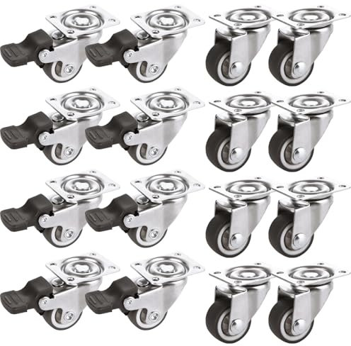 16 Pcs Caster Wheels Set, 25 mm Silent Castor Wheels Screw In, Included 8 Pcs Castors with Brakes, Silver Steel Casters for Furniture, Plant Stand, Cabinet, Trolley