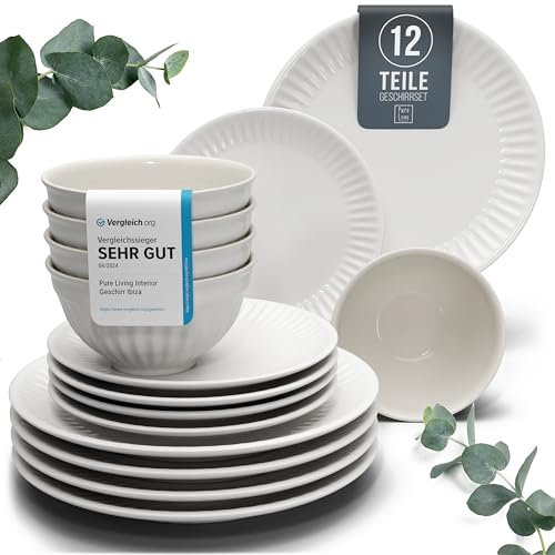 Set di stoviglie in gres porcellanato, per 4 persone, Hygge, 12 pezzi, vincitore del test, da sogno, in gres scandinavo, set da tavola per 4 persone, set da tavola Pure Living in grigio chiaro