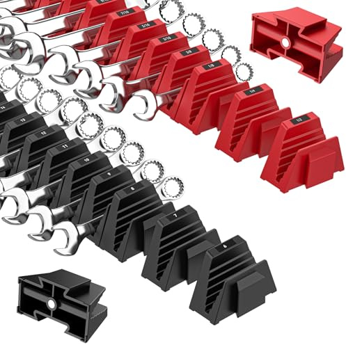 PINOZE Lot de 48 organiseurs de clés modulaires magnétiques pour tiroirs à outils – Noir et rouge – Porte-clés avec étiquettes métriques et SAE, support de rangement magnétique personnalisable pour