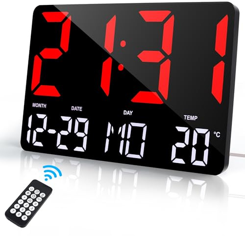 Lafocuse 30 cm LED digital väggklocka med stor skärm, tyst digital bordsklocka med temperatur, datum, larm, snooze, 12/24 timmar, justerbar ljusstyrka, för vardagsrum kök kontor, röd