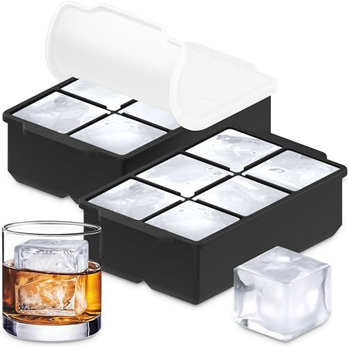 KitchFort Large Silicone Ice Cube Tray (2-Pack), Easy Release 2 Big Ice Cubes - Cocktail, Whiskey Ice Cubes Mold - Ice Trays for Freezer with Lid - Stackable Silicone Ice Tray - Black