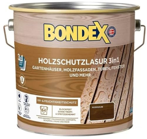 Bondex Holzschutzlaur 3in1, 4 L für 64 m² / Nussbaum / Wasserbasierende Lasur / Filmschutz, Grundierung und Endbeschichtung / Exzellenter UV- & Feuchtigkeitsschutz