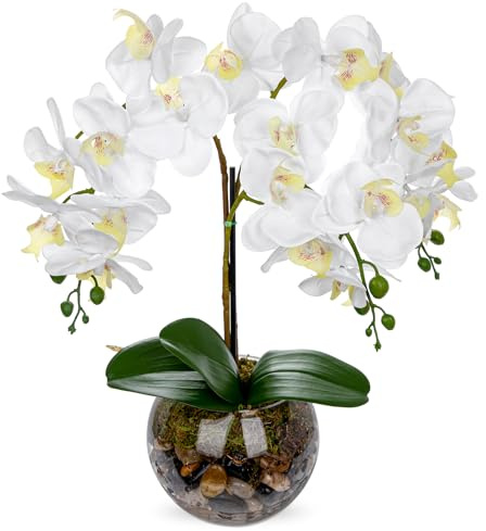 White Orchids Artificial Flowers 16.5 Faux Orchids Plant in Pot Fake Flower Arrangements with Glass Vases White Centerpieces for Kitchen Dining Room Tables Bathroom Nightstand Shelf Desk Decor