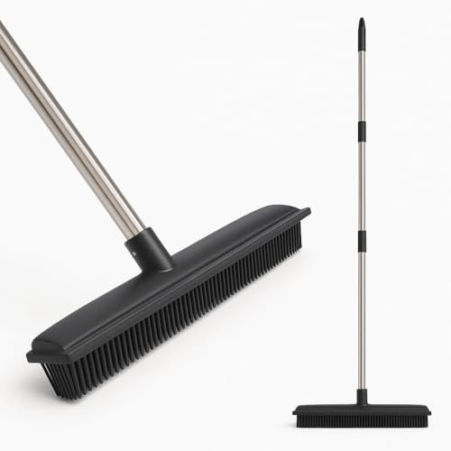 MEOWN Rubber Broom with Telescopic Handle, Pet Hair Remover for Carpets Rugs and Hard Floors, Rubber Bristle Floor Brush for Laminate Tile Patio and Wet and Dry Indoor Outdoor Cleaning