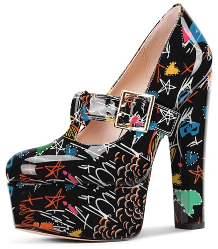 Aachcol Donna Piattaforma Mary Jane Pumps Chunky Blocco T-Strap Alto High Tacco Heel Rotonda Punta Ballo Dress Scarpe 15 CM Heels Nero Scarabocchio 39 EU