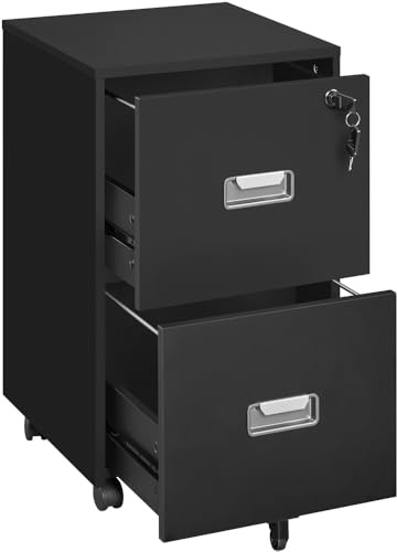 Yaheetech Schedario da Ufficio con Serratura e 2 Cassetti Bloccabili Cassettiera per Cartelle Sospese A4 Mobile Portadocumenti per Ufficio con Ruote per Studio Camera Scrivania Nero