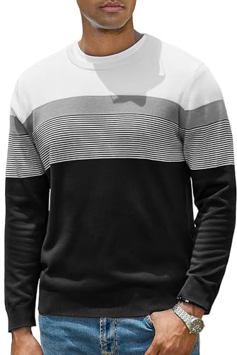 iClosam Herren Streifenpullover Baumwollmix Rundhals Schwarz XL