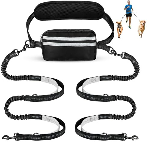 Risipu Hands Free Dog Lead For 2 Dogs Adjustable Waist Belt With Pouch And Waist Support Absorbing Bungee Reflective Stitches For Running, Walking, Jogging (Grey)