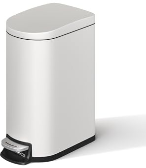 Garvee 2.6 gal / 10 L Metal Bathroom Trash Can with Lid, Slim Waterproof Garbage Can for Bedroom, Small Step-on Trash Bin with Inner Bucket, Rear Handle, Soft Close Lid, White