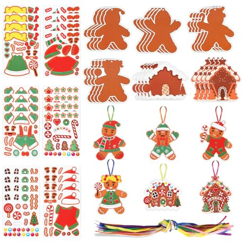 Kigift 24 Pièces Papier Décorations de Noël en Pain D'épice, Kits de Bricolage de Noël pour Enfants avec Autocollants et Ficelle pour Décorations Festives et de Fête