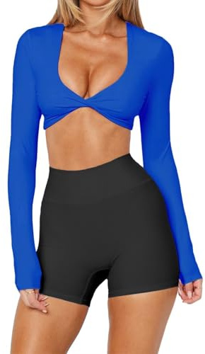 BONITEE Women Long Sleeve Crop Tops Deep V Neck Ballet Shirts Yoga Tees Pilates Top Gym Sports Tshirt 2026 Clothes,Royal Blue,S