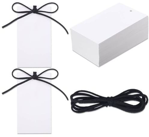 CRAFTYMELODY 100 Segnaposto Rettangolare In Carta Carta, Cartellini Vuoti Con 4 Nastri Di Velluto Nero E Targhe Con Nome Bianche