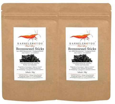 GARNELEN4YOU Palitos de ortiga – Alimento premium para camarones 100% ortiga – pienso vegetal Pellets para gambas, cangrejos y caracoles – Embalaje sostenible – Fabricado en Alemania – 100 g
