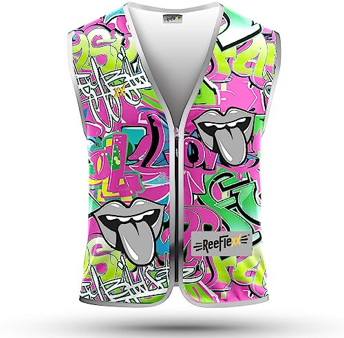 REEFLEXX Gilet di sicurezza per bambini, maggiore visibilità nel traffico, scuola, bicicletta o auto, graffiti Tongue, taglia M