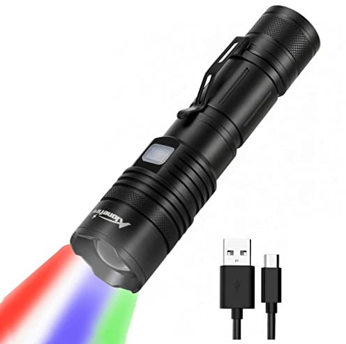 Alonefire X37 4 Couleurs Lampe de Poche LED Multicolore Puissante Blanc Bleu Vert Rouge USB Rechargeable Zoom RGB Tactique avec Puissance de sortie, Pile Incluse pour Camping Randonnée Chasse