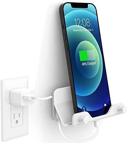HomeMount Hands Free Wall Mount Phone Holder with Adhesive Strip for Bedroom Living Room Kitchen Compatible with All Phone or Mini ipad White