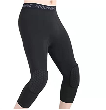 Topeter Leggings de basket-ball avec genouillères 3/4 Pantalon de compression pour la crosse Football Noir S