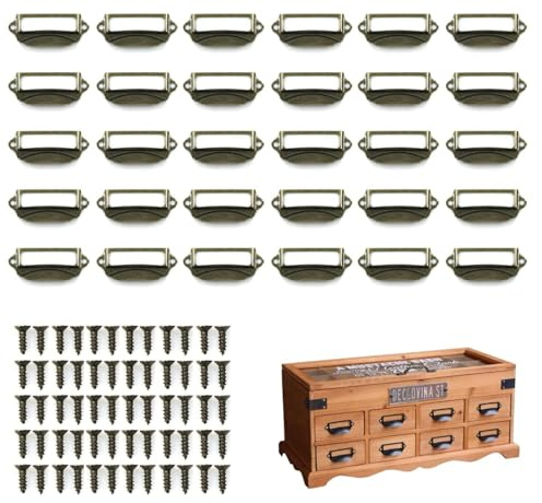 30 stycken draghandtag, etiketthållare, handtag – vintage korthållare, etiketthållare, etiketter för låda i apoteksskåp, arkivskåp, kontor skåp med lådor, 70 x 30 mm med skruvar