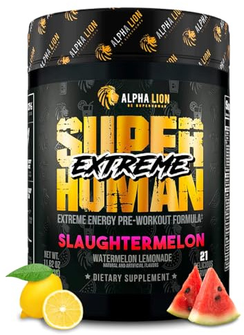 ALPHA LION Superhuman Extreme High Stim Pre Workout Powder, Beta Alanine, L-Taurine & 356mg Tri-Source Caffeine for Sustained Energy, Nitric Oxide & Citrulline for Pump (21 Servings, Slaughtermelon)