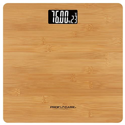 ProfiCare PC-PW 3103 Personenwaage aus echtem Bambus, Personenwaage digital mit gut ablesbarem LCD-Display inkl. Raum-Temperatur-Anzeige, Waage-Messbereich 5-180kg, Holz-Oberfläche