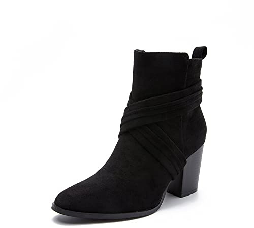 SWZEC Bottines Femme Talon Bloc Casual Sexy Chaussure Mode Botte Classique Bottines en Daim Talon Haut Bloc 8 CM (42,Noir)