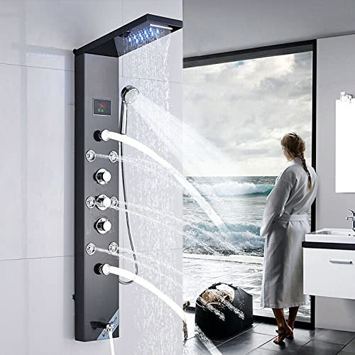 NEWCES Panneau de Douche à lumière LED Tour Rainfall Waterfall Pommeau de Douche avec Masseur Jets Body System Jet