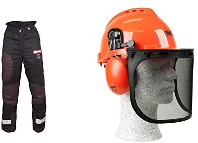 Oregon Yukon + Type A Class 1 (20 m/s) Chainsaw Protective trousers for Sawing, Black, Size L (EU 50-52) & Yukon Chainsaw Safety Helmet with Protective Ear Muff and Mesh Visor (562412), Black