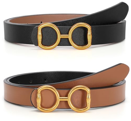 LEACOOLKEY Ceinture réversible en cuir pour femme avec boucle dorée, A-noir/marron, Suit Waist Size 26-32