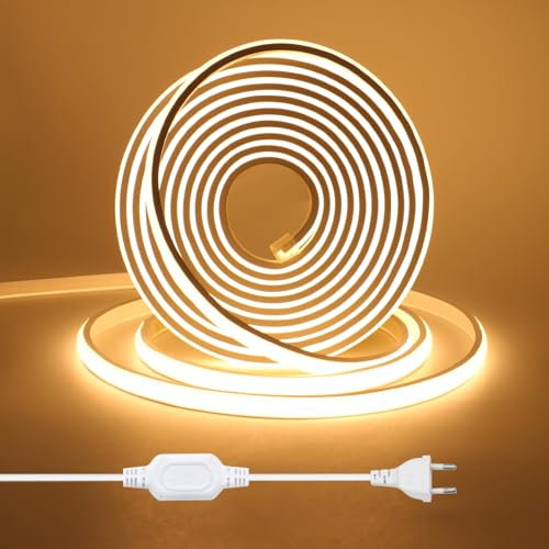 HEGEHE Tira de LED COB 0.5m, Flexible Tiras de Neón 220V con Cable de Alimentación, Cada Corte de 50cm, 288LEDs/m Blanco Cálido Luz de Cuerda de Alto Brillo para decoración de Navidad e iluminación