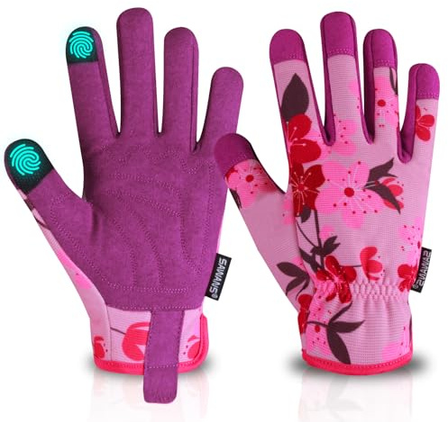 SAWANS Gants de jardinage pour femmes, hommes et femmes, écran tactile, gants de jardinage pour l'élagage des roses, respirants, confortables, en cuir microfibre, cadeaux de jardinage (Rose, S)
