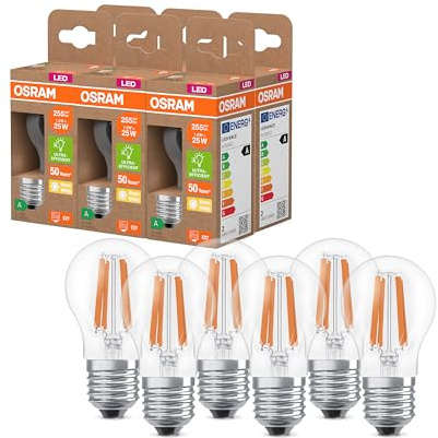 OSRAM Lampada LED dalla classica forma mini sferica, con filamento LED decorativo, classe di efficienza energetica A, E27, 1,2 W, 255 lm, 2700 K, bianco caldo. Senza riscaldamento, confezione da 6